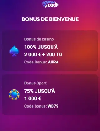 Bonus de bienvenue après inscription SpinAura